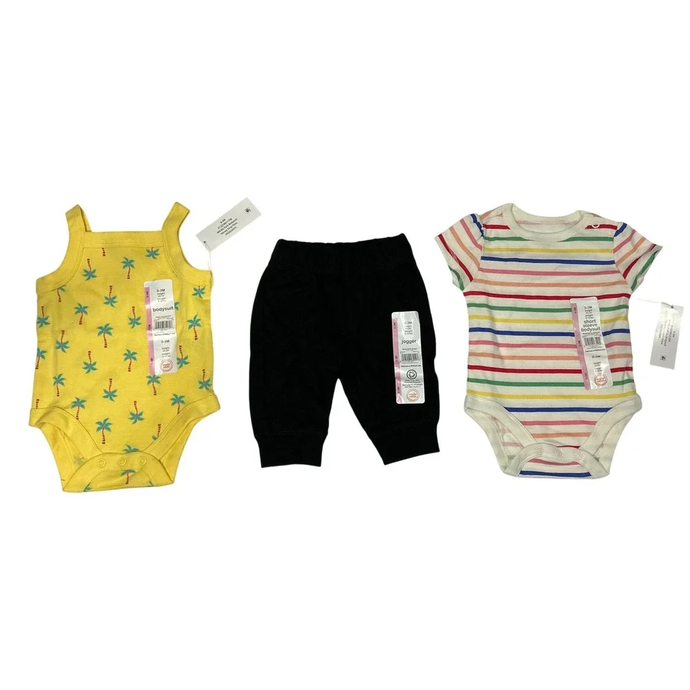 Wonder Nation Baby 3pc Set Palm Tree Stripe Bodysuits Black Joggers 0-3M